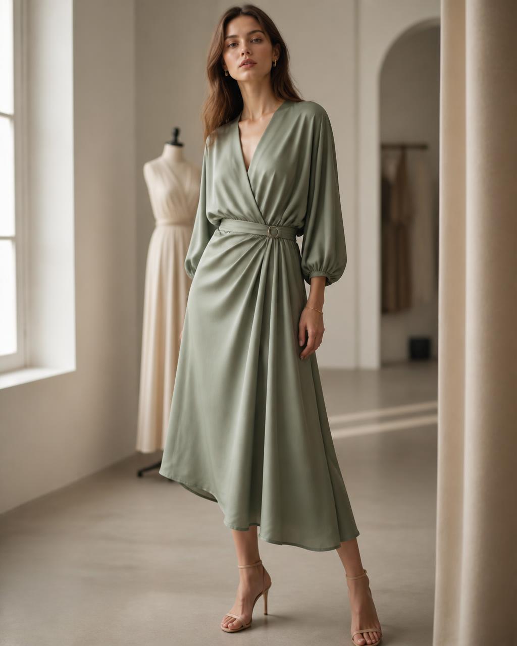 Model in a relaxed sage linen dress