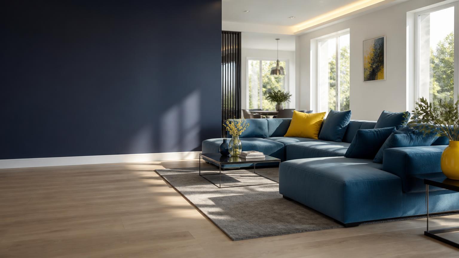 Bright blue and yellow living room after a professional clean