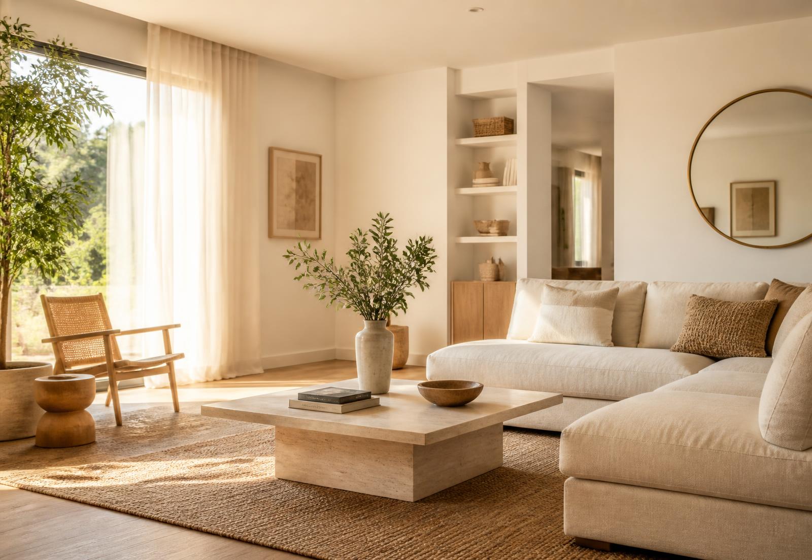 Sunlit living room with linen sofa and warm timber floors after a clean