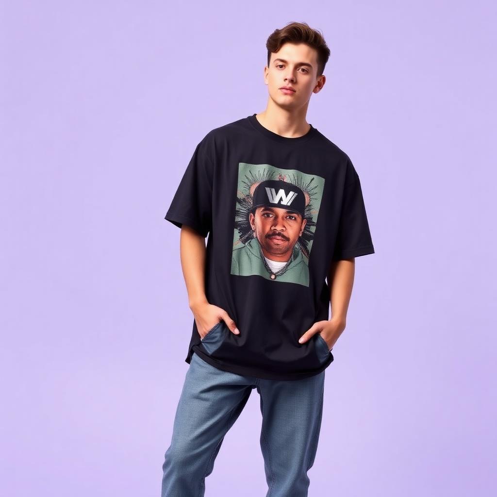 Model wearing an oversized black graphic tee