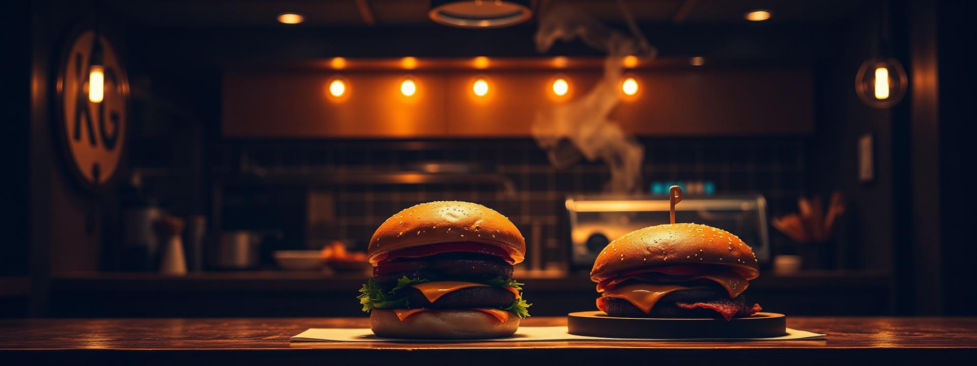 NOVA Kitchen counter with freshly made burgers under warm lighting
