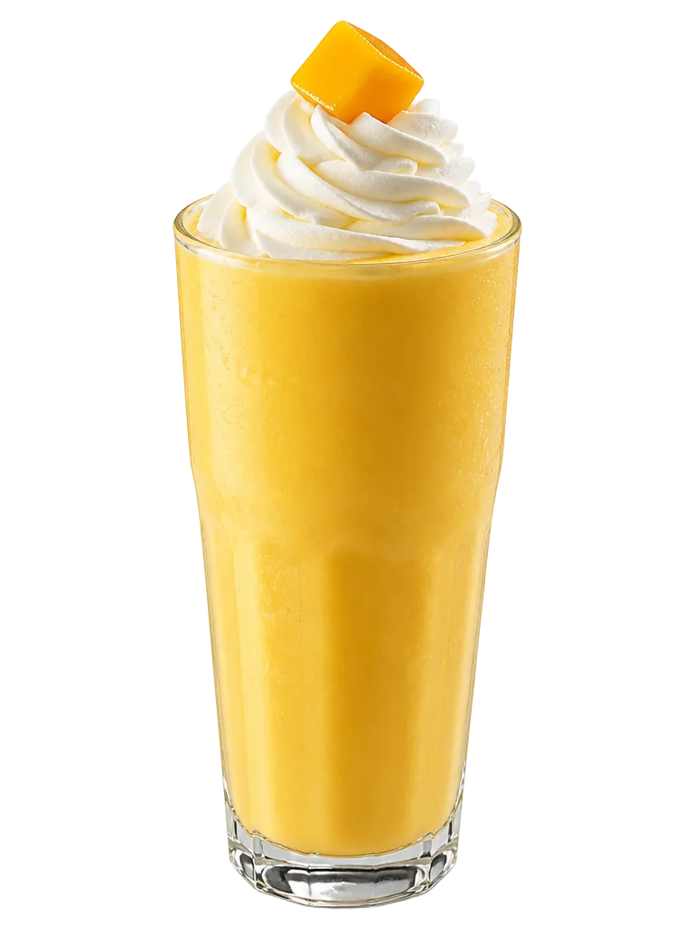 Mango shake in a tall glass topped with whipped cream