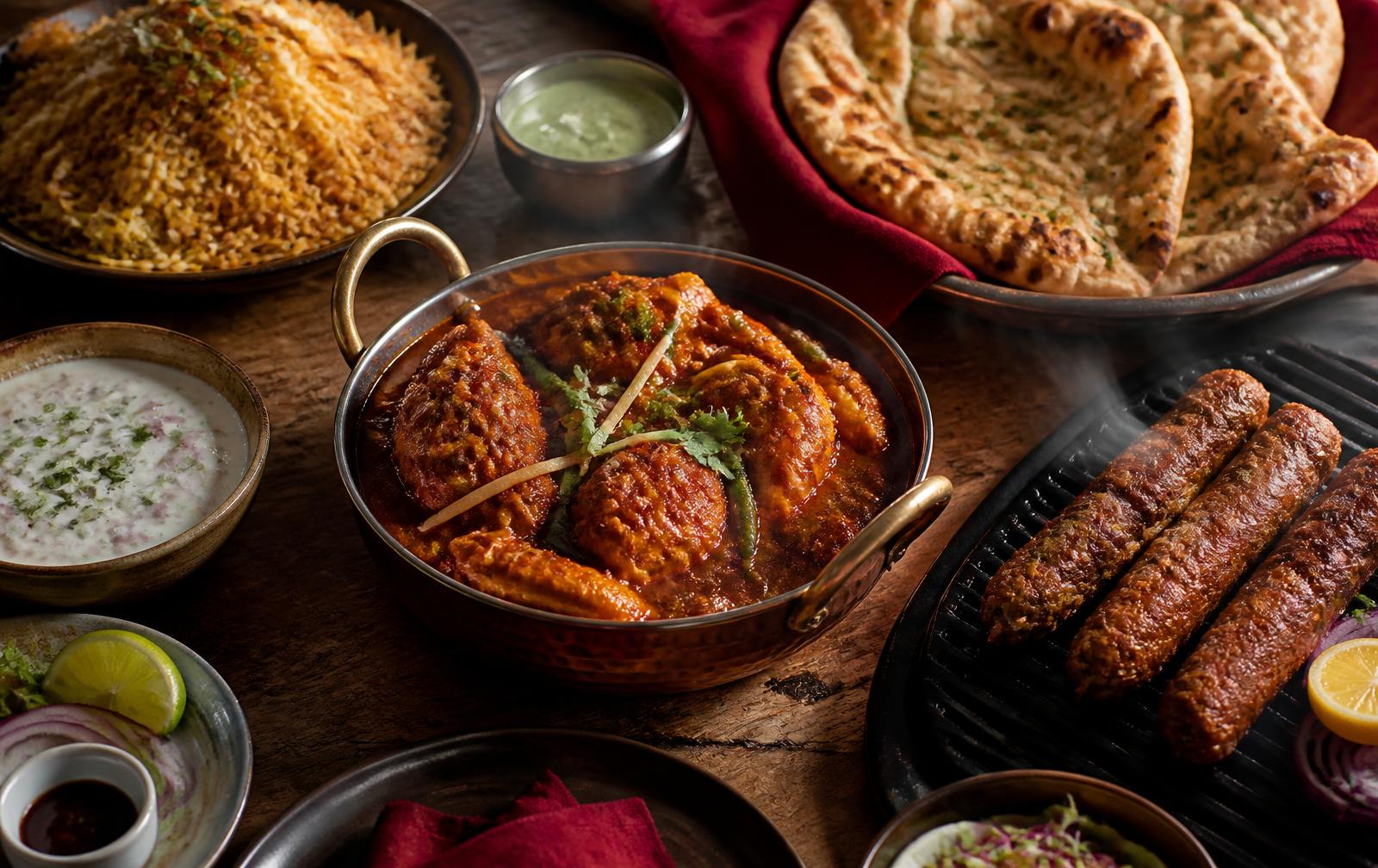 A spread of karahi, BBQ and biryani on a family table