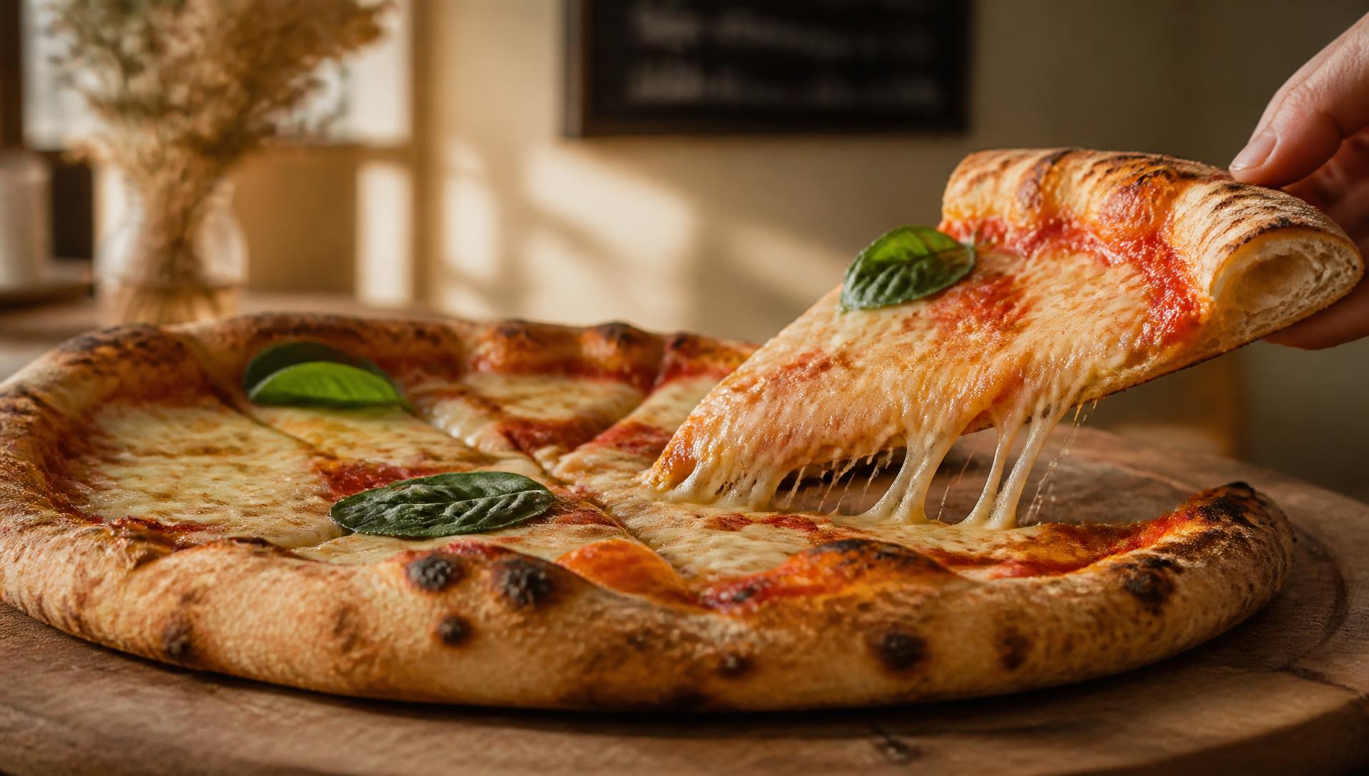 Fresh Neapolitan pizza with cheese pull and basil