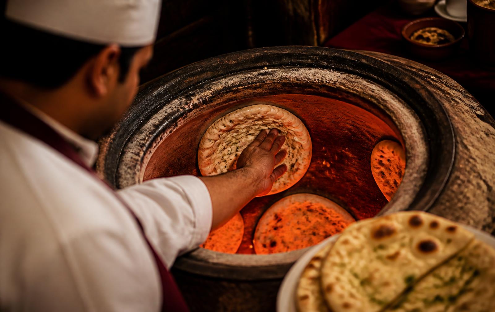 Tandoor naan and kebabs being prepared