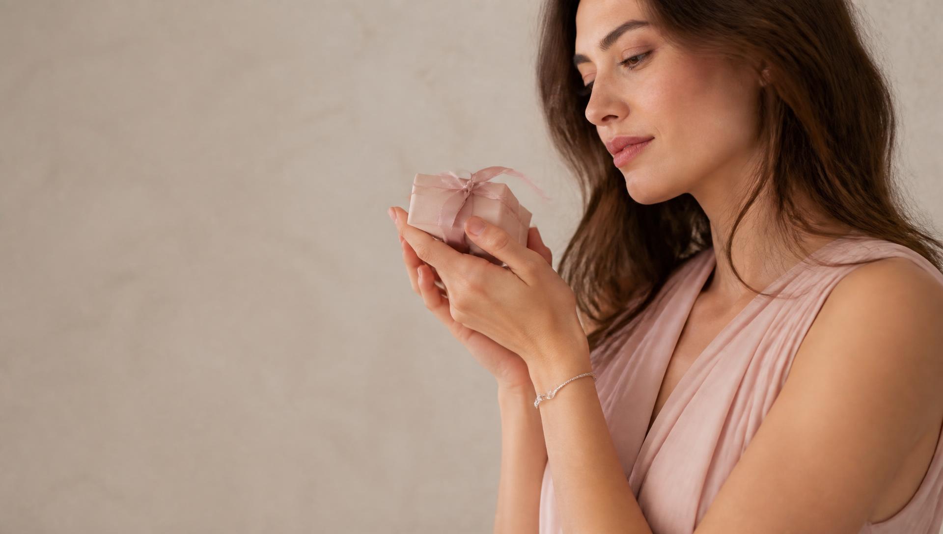 Model holding a blush ribboned gift box, silver bracelet on her wrist