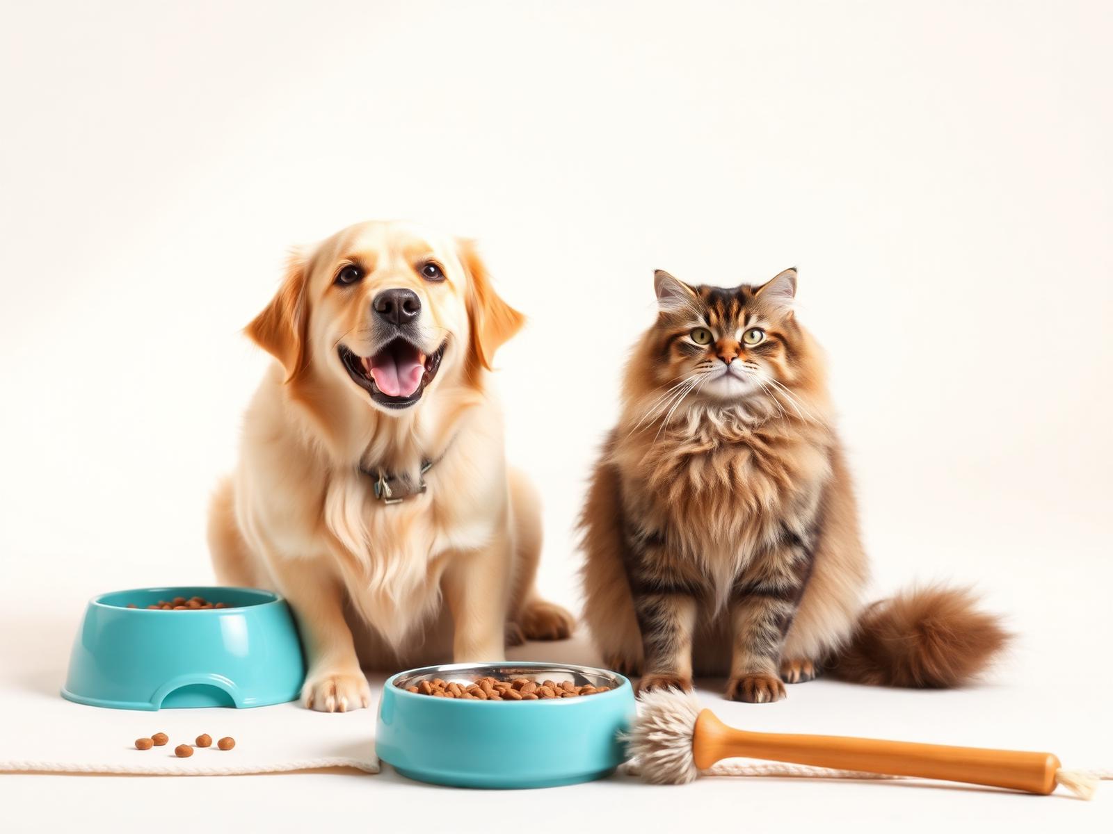 A golden retriever and a fluffy cat sitting together beside teal food bowls