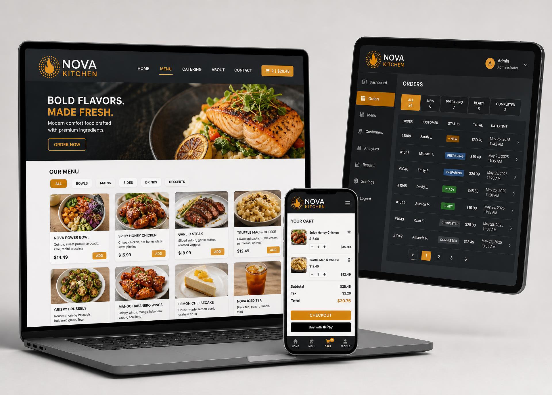NOVA Kitchen restaurant website on a laptop, mobile ordering cart on a phone and the order management dashboard on a tablet