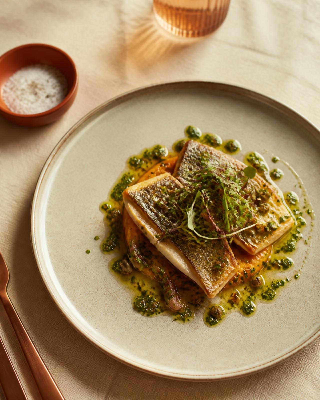 Seared sea bass with herb oil on a ceramic plate