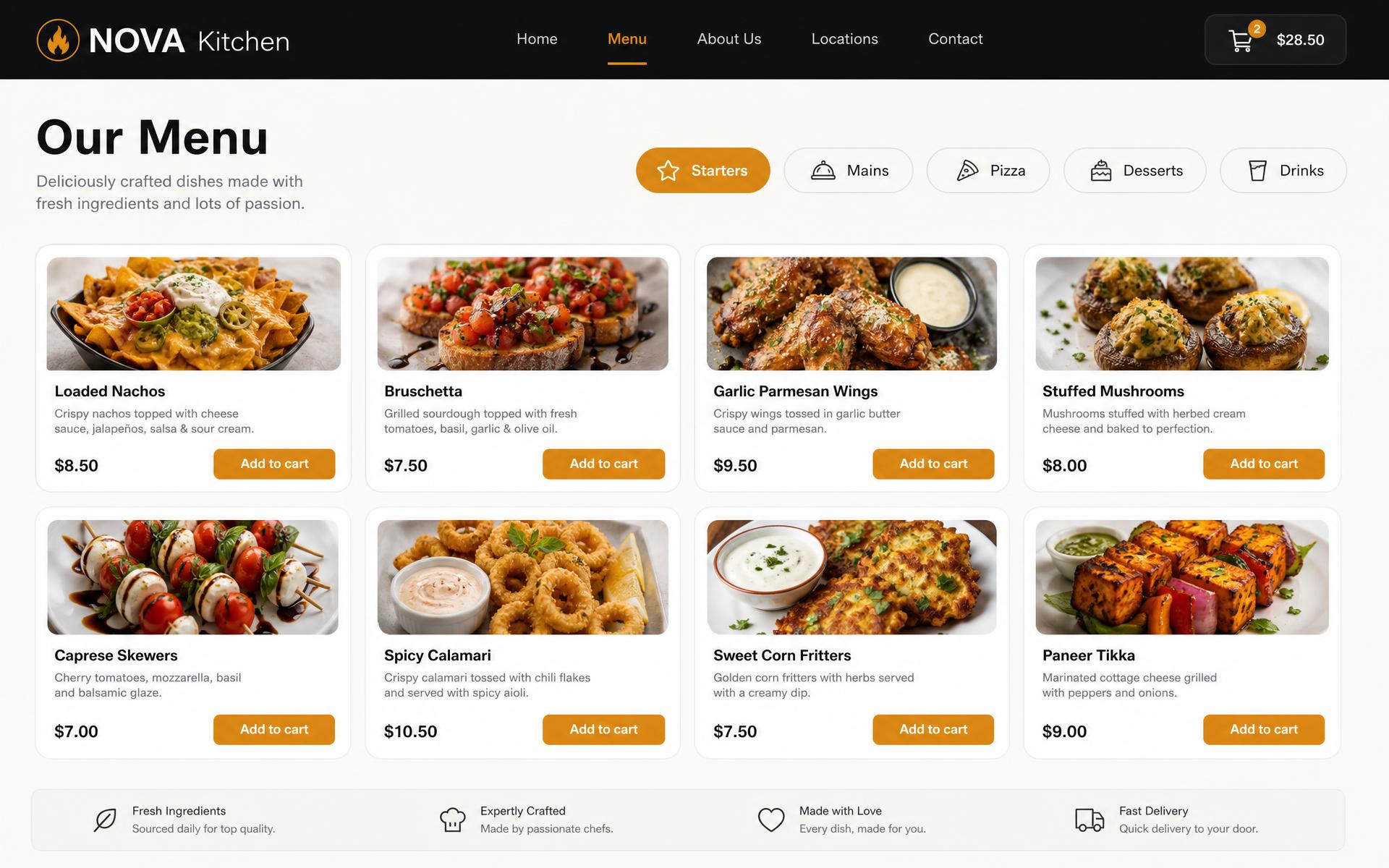 NOVA Kitchen customer menu page with category filters, dish cards, prices and add-to-cart buttons