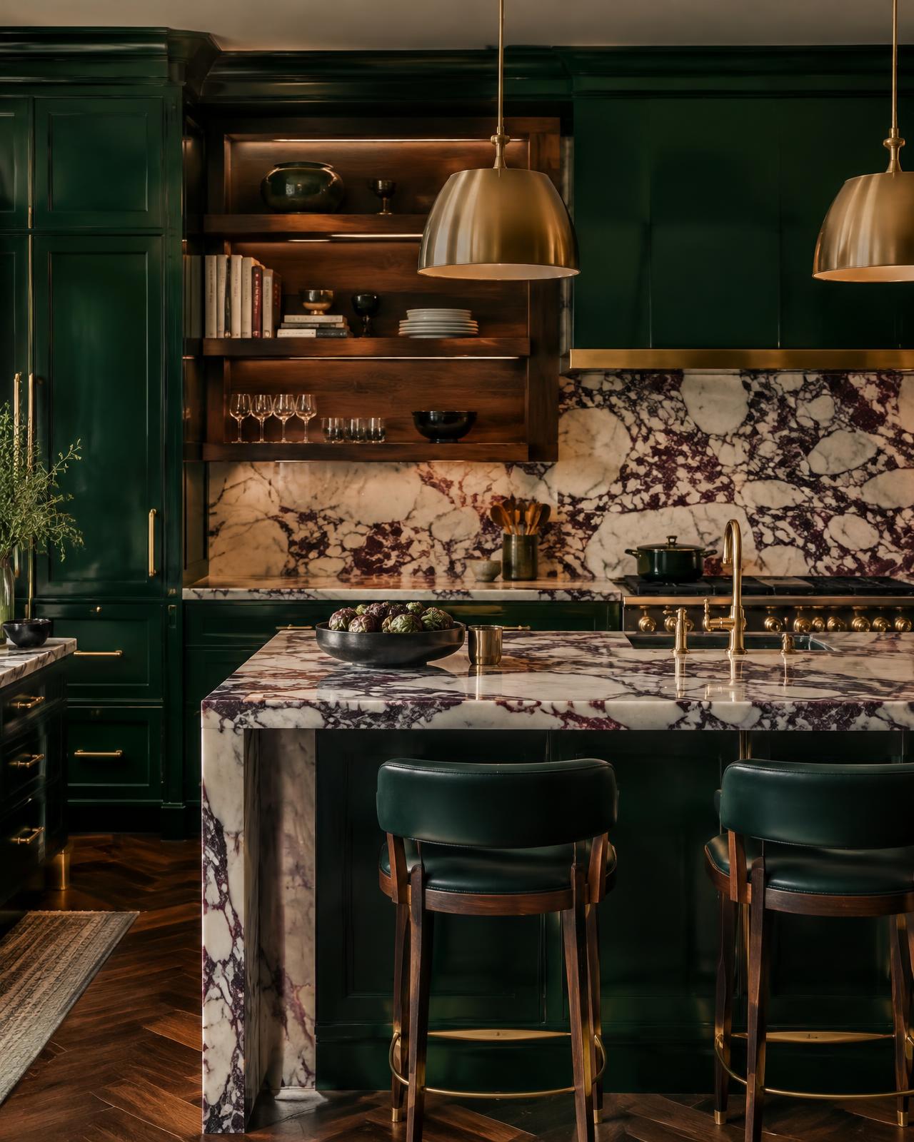 Chef's kitchen in deep green lacquer and Calacatta Viola marble