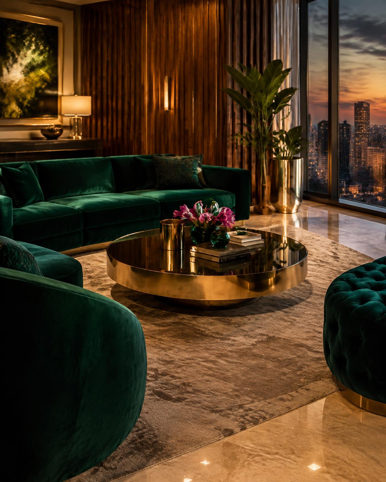 Penthouse lounge with emerald velvet seating and a brass table