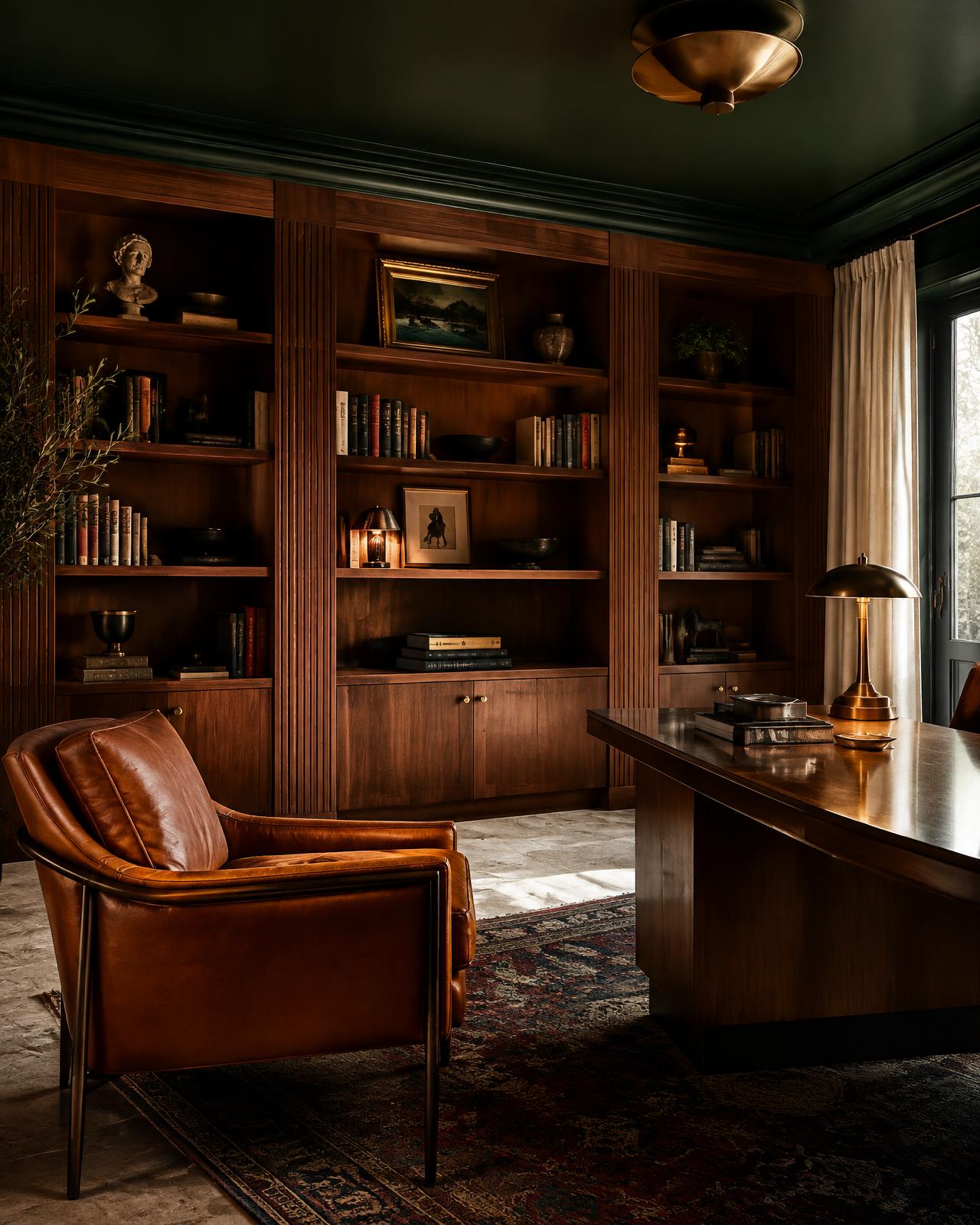 Walnut-panelled study with a cognac leather chair