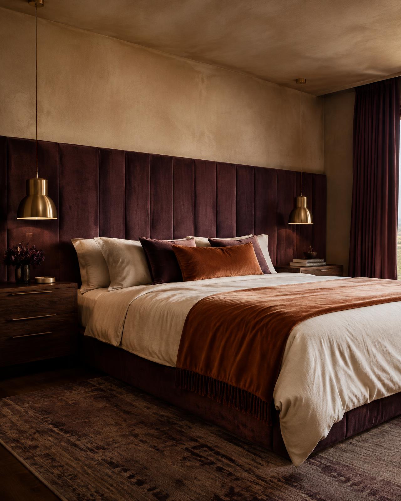 Principal bedroom with a plum velvet headboard wall and brass pendants