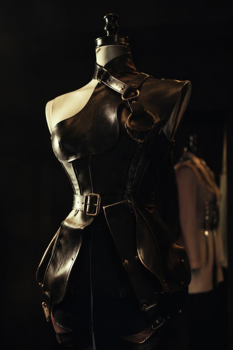 Structured black leather piece with bronze hardware on a tailoring form