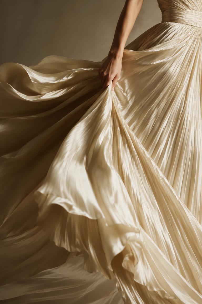 Champagne pleated silk in motion