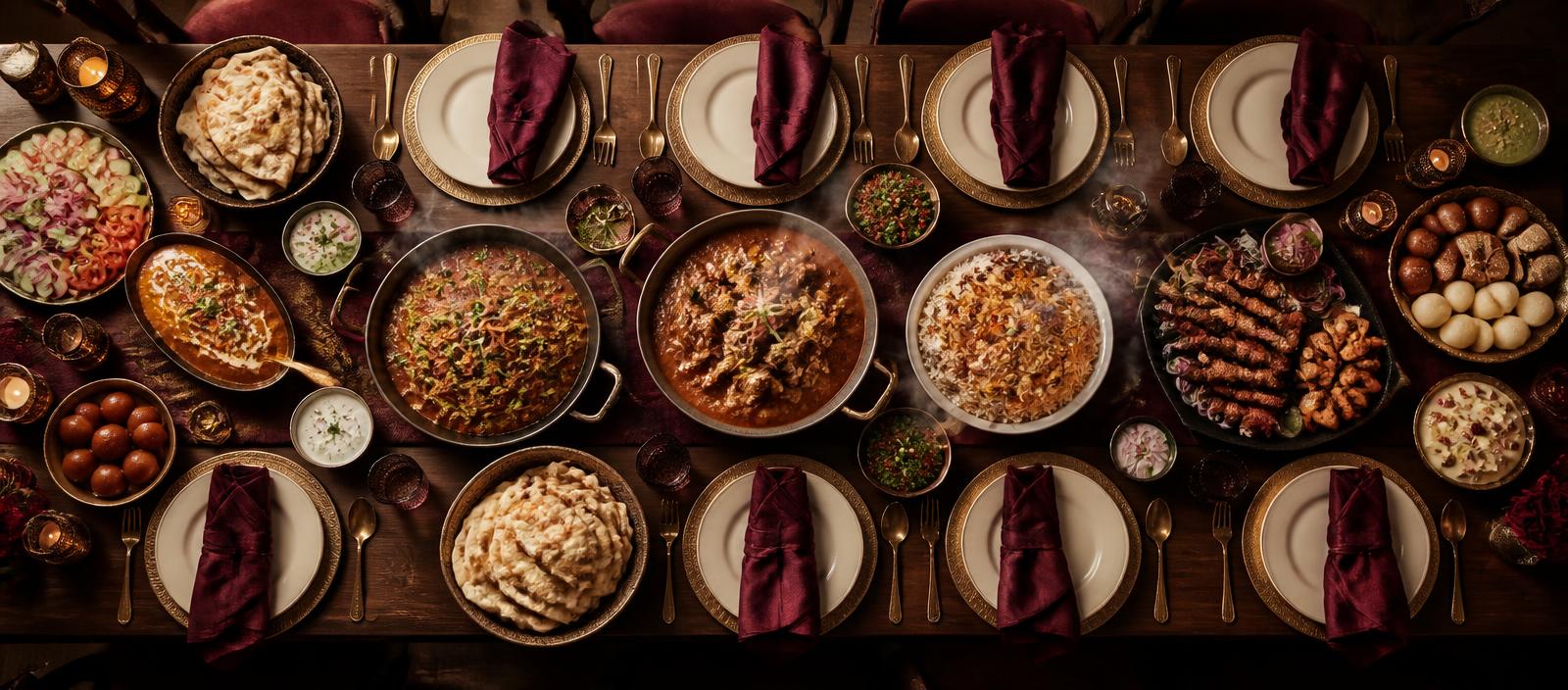 Large family spread of Pakistani dishes