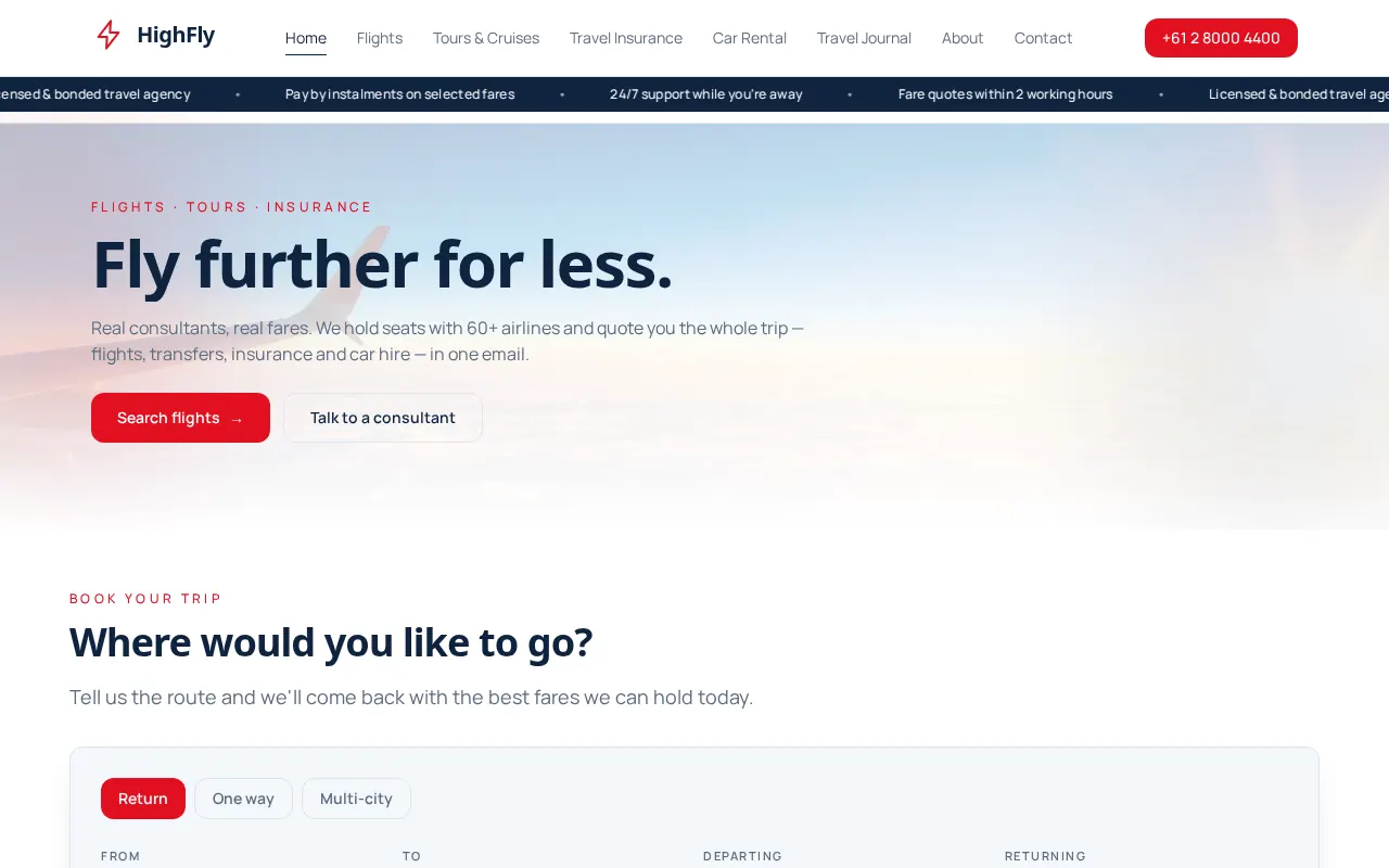 HighFly Travel website preview